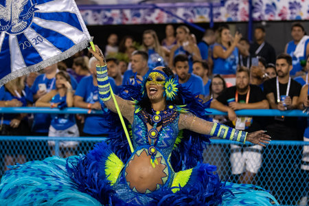 Rio, Brazil - February 23, 2020: parade of the samba school Portela, at the Marques de Sapucai...