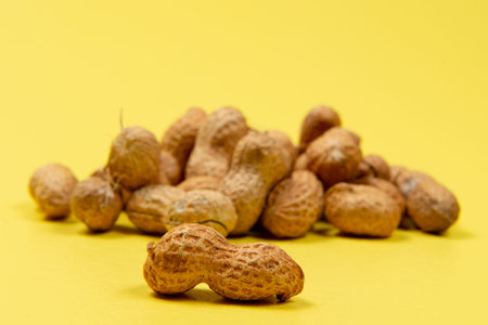 shelled peanuts on yellow background, front view
