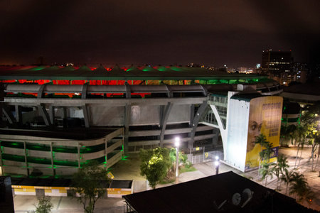 Rio, Brazil - june 16, 2020: MaracanÃ£ celebrates 70 years on this 16th, with lights, the stadium is illuminated in the colors of the Fla-Flu duo. The sacred temple of footballのeditorial素材
