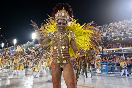 Rio, Brazil - February 22, 2020: parade of the samba school Academicos do Sossego, at the Marques de...