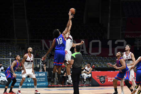 Rio, Brazil - october 01, 2020: Raphael Fabriciano and Yago Mateus players in match between Flamengo 0 and 2 Municipal by Rio de Janeiro Basketball Championship league in Maracanazinho Stadiumのeditorial素材