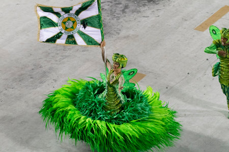 Rio, Brazil - February 24, 2020: parade of the samba school Mocidade Independente de Padre Miguel, couple of master room and flag doorのeditorial素材