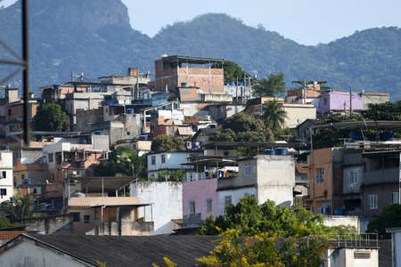 view of homes in needy community in Rio de Janeiro in a sunny dayの写真素材