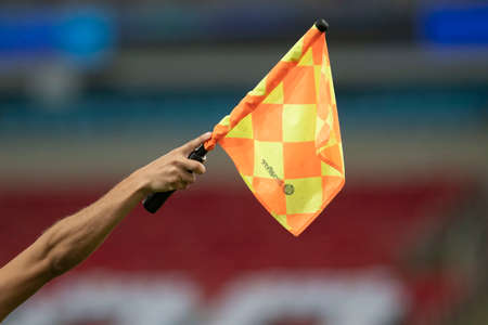 Rio, Brazil - June 19, 2021: referee flag in match between Flamengo vs Bragantino by 5th round of Brazilian Championship (serie A) in Maracana Stadiumのeditorial素材