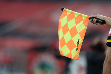 Rio, Brazil - June 19, 2021: Referee flag in match between Flamengo vs Bragantino by 5th round of Brazilian Championship (serie A) in Maracana Stadiumのeditorial素材