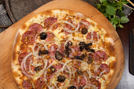 Brazilian pizza with pepperoni, cheese, onion and black olive , top viewの写真素材