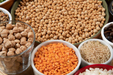 Collection of different cereal varieties and edible dry seeds. Examples of fiber sourcesの写真素材