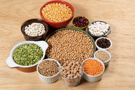 Collection of different cereal varieties and edible dry seeds. Examples of fiber sourcesの写真素材