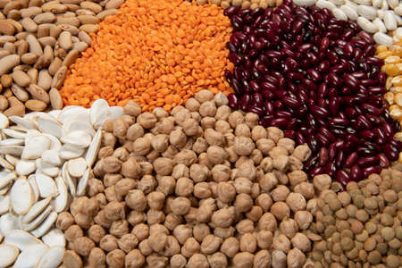 Servings of different varieties of cereals and dry edible seeds. Examples of fiber sourcesの写真素材