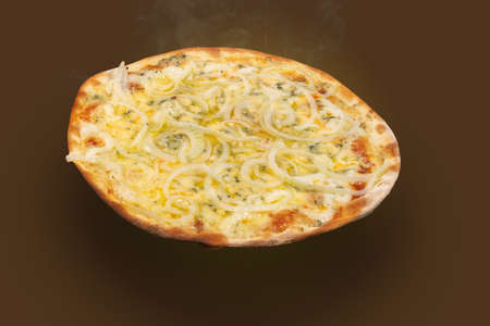 Brazilian pizza 4 cheese and onion over a wooden shovel, top viewの写真素材