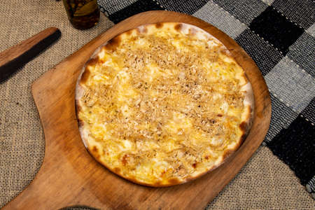 Brazilian Shredded chicken pizza with cream cheese, top viewの写真素材