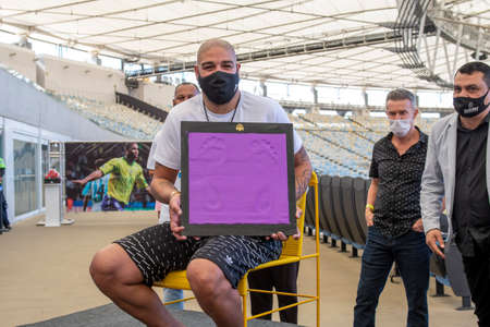 Rio, Brazil - July 24, 2021: Soccer player Adriano puts his foot print at the Maracana stadium hall off fameのeditorial素材
