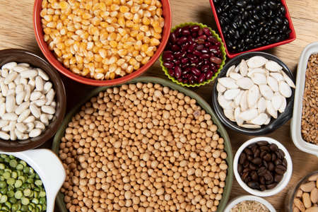 Collection of different cereal varieties and edible dry seeds. Examples of fiber sourcesの写真素材