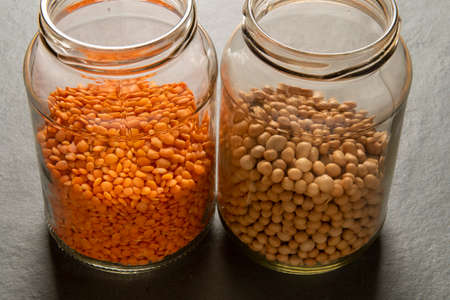 Soup mix Yellow lentils and dehydrated soy and stored in glass bottlesの写真素材