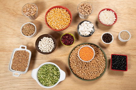 Collection of different cereal varieties and edible dry seeds. Examples of fiber sourcesの写真素材