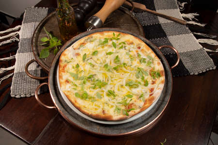 Brazilian style pizza with mozzarella, cheese, onion, top viewの写真素材