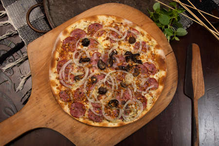 Brazilian pizza with pepperoni, cheese, onion and black olive , top viewの写真素材