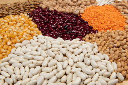 Servings of different varieties of cereals and dry edible seeds. Examples of fiber sources, selective focusの写真素材