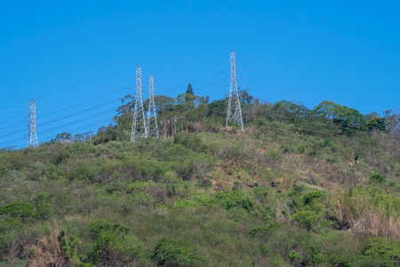 high voltage power transmission towers on top of a forested hill in a blue skyの写真素材