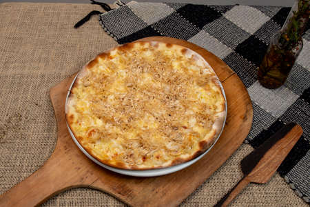 Brazilian Shredded chicken pizza with cream cheese, top viewの写真素材