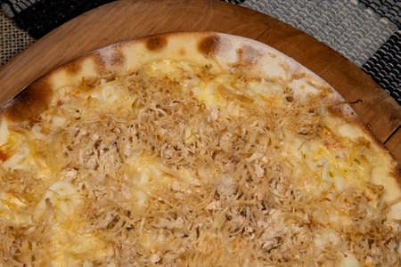 Brazilian Shredded chicken pizza with cream cheese, top viewの写真素材