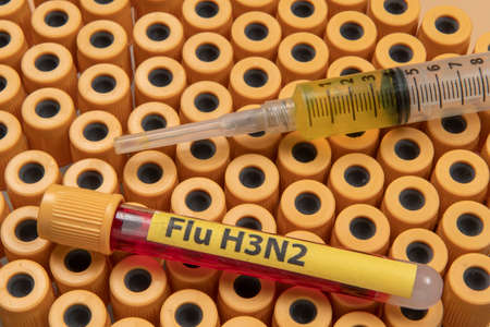 blood collection tubes labeled "Flu H3N2" symbolizing the flu epidemicの写真素材