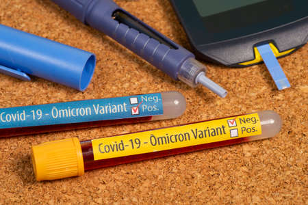 variant of  Omicron, written on blood collection tube, with various medical elements aroundの写真素材