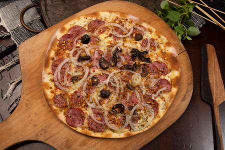 Brazilian pizza with pepperoni, cheese, onion and black olive , top viewの写真素材