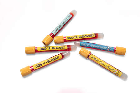 tubes with blood and labels of covid-19 and gamma, mu and omicron variants, isolated in white backgroundの写真素材