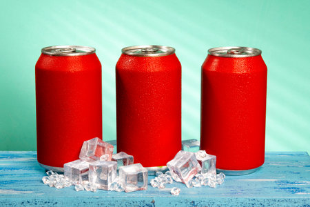 red soda can on blue background and with ice and coldの写真素材