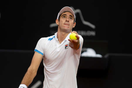 Rio, Brazil - February 12, 2022: [WC] Gustavo Heide (BRA) plays against Miomir Kecmanovic (SRB) in qualifying round match at Rio Open 2022 at Jockey Club Arena, ATP 500 tournamentのeditorial素材
