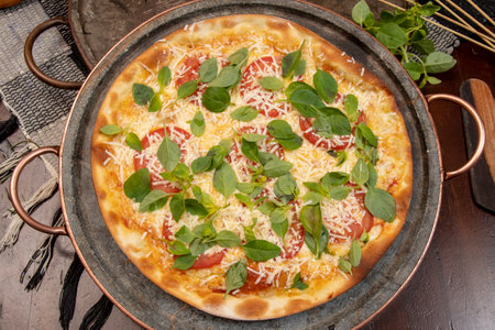 Brazilian pizza with pepperoni, cheese & arugula, top viewの写真素材