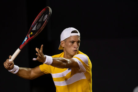 Rio, Brazil - February 15, 2022: Sebastian Baez (ARG) plays against Thiago Monteiro (BRA) in match...