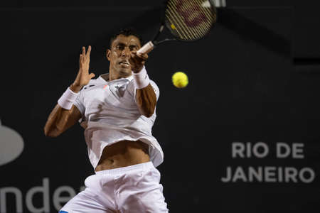 Rio, Brazil - February 15, 2022: Thiago Monteiro (BRA) plays against Sebastian Baez (ARG) in match at Rio Open 2022 at Jockey Club Arena, ATP 500 tournamentのeditorial素材