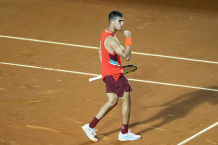 Rio, Brazil - February 14, 2022: Carlos Alcaraz (ESP) plays against Jaume Antoni Munar Clar (ESP) in first round match at Rio Open 2022 at Jockey Club Arena, ATP 500 tournamentのeditorial素材