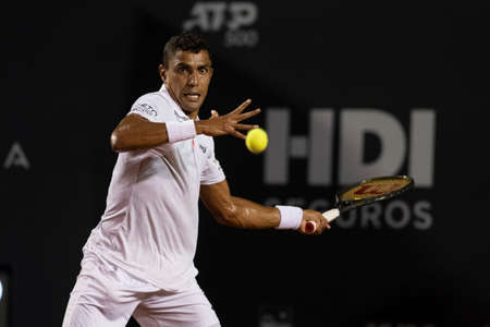 Rio, Brazil - February 15, 2022: Thiago Monteiro (BRA) plays against Sebastian Baez (ARG) in match at Rio Open 2022 at Jockey Club Arena, ATP 500 tournamentのeditorial素材