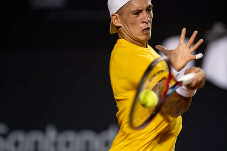 Rio, Brazil - February 15, 2022: Sebastian Baez (ARG) plays against Thiago Monteiro (BRA) in match at Rio Open 2022 at Jockey Club Arena, ATP 500 tournamentのeditorial素材
