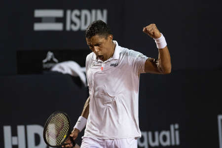 Rio, Brazil - February 15, 2022: Thiago Monteiro (BRA) plays against Sebastian Baez (ARG) in match at Rio Open 2022 at Jockey Club Arena, ATP 500 tournamentのeditorial素材