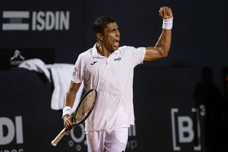 Rio, Brazil - February 15, 2022: Thiago Monteiro (BRA) plays against Sebastian Baez (ARG) in match at Rio Open 2022 at Jockey Club Arena, ATP 500 tournamentのeditorial素材