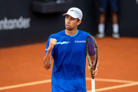 Rio, Brazil - February 13, 2022: Daniel Elahi Galan (COL) plays against [WC] Matheus Pucinelli de Almeida (BRA) in qualifying round match at Rio Open 2022 at Jockey Club Arena, ATP 500 tournamentのeditorial素材