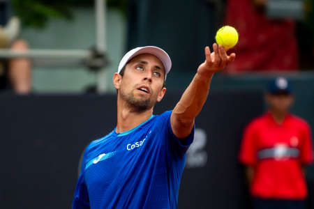 Rio, Brazil - February 13, 2022: Daniel Elahi Galan (COL) plays against [WC] Matheus Pucinelli de Almeida (BRA) in qualifying round match at Rio Open 2022 at Jockey Club Arena, ATP 500 tournamentのeditorial素材