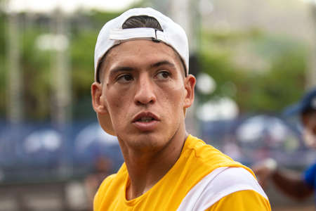 Rio, Brazil - February 13, 2022: Sebastian Baez (ARG) plays against [WC] Yannick Hanfmann (GER) in qualifying round match at Rio Open 2022 at Jockey Club Arena, ATP 500 tournamentのeditorial素材