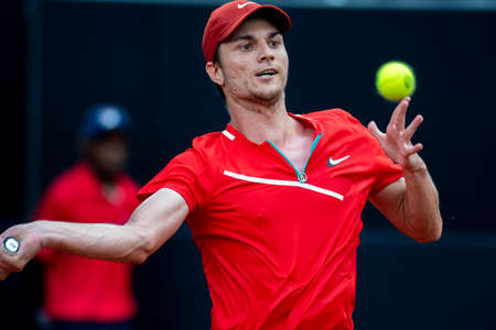Rio, Brazil - February 13, 2022: Miomir Kecmanovic (SRB) plays against Hugo Dellien (BOL) in qualifying round match at Rio Open 2022 at Jockey Club Arena, ATP 500 tournamentのeditorial素材