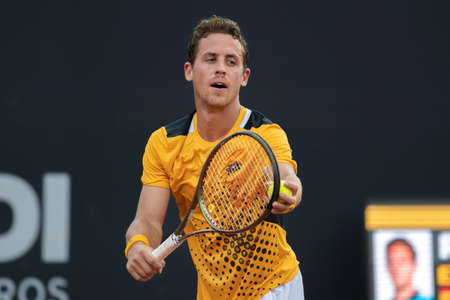 Rio, Brazil - February 13, 2022: Roberto Carballes Baena (ESP) plays against Juan Ignacio Londero (ARG) in qualifying round match at Rio Open 2022 at Jockey Club Arena, ATP 500 tournamentのeditorial素材