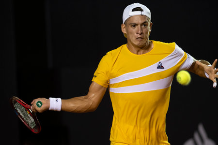 Rio, Brazil - February 15, 2022: Sebastian Baez (ARG) plays against Thiago Monteiro (BRA) in match at Rio Open 2022 at Jockey Club Arena, ATP 500 tournamentのeditorial素材