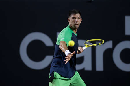 Rio, Brazil - February 17, 2022: Federico Delbonis (ARG) plays against Carlos Alcaraz (ESP) in match at Rio Open 2022 at Jockey Club Arena, ATP 500 tournamentのeditorial素材
