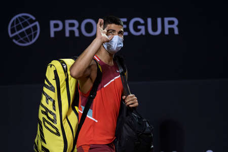 Rio, Brazil - February 17, 2022: Carlos Alcaraz (ESP) plays against Federico Delbonis (ARG) in match at Rio Open 2022 at Jockey Club Arena, ATP 500 tournamentのeditorial素材