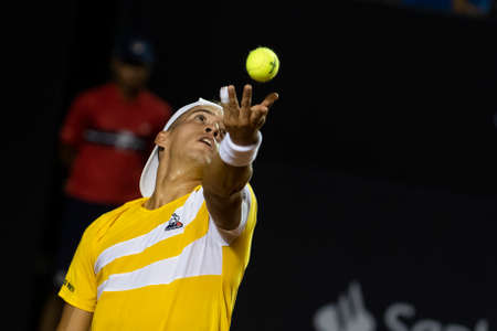 Rio, Brazil - February 15, 2022: Sebastian Baez (ARG) plays against Thiago Monteiro (BRA) in match at Rio Open 2022 at Jockey Club Arena, ATP 500 tournamentのeditorial素材