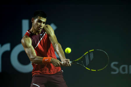 Rio, Brazil - February 20, 2022: Carlos Alcaraz (ESP) in match at Rio Open 2022 at Jockey Club Arena, ATP 500 tournamentのeditorial素材