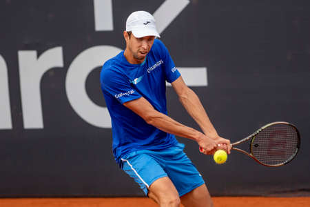Rio, Brazil - February 13, 2022: Daniel Elahi Galan (COL) plays against [WC] Matheus Pucinelli de Almeida (BRA) in qualifying round match at Rio Open 2022 at Jockey Club Arena, ATP 500 tournamentのeditorial素材